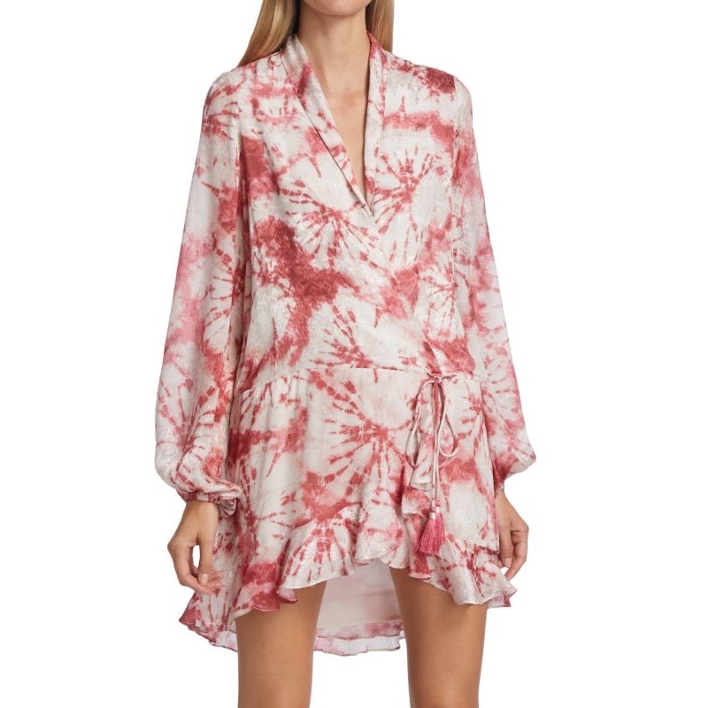 Rococo Sand Ava Rosewood Tie Dye Print Faux Wrap Ruffle Mini Dress Size M